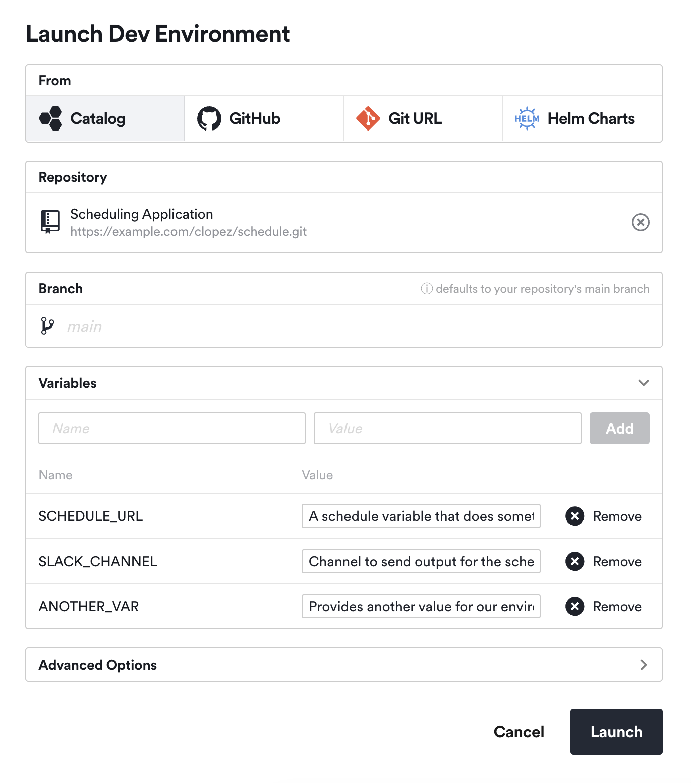 view a Catalog repo's environment variables